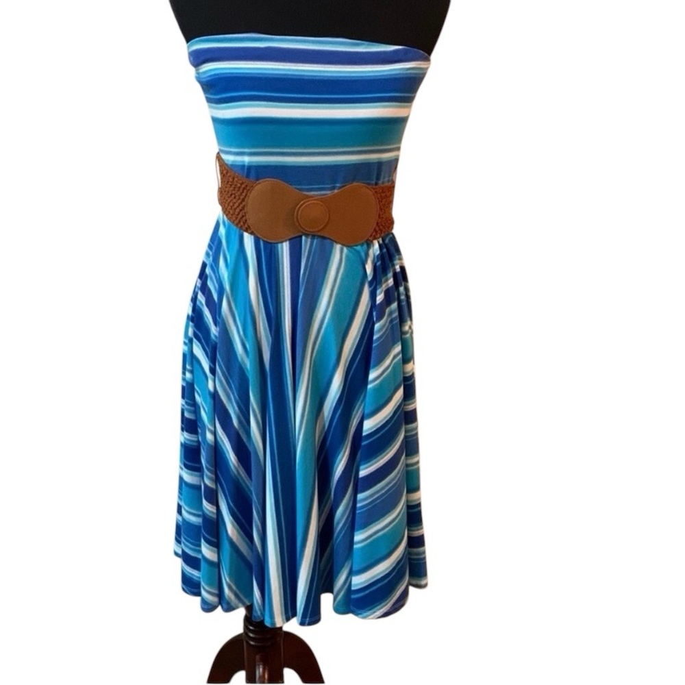 Maurice’s Blue Striped Strapless Dress With Wide Belt Women’s Size Small